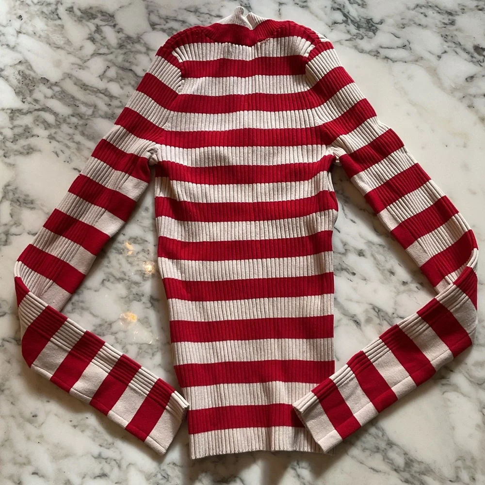 EUC Madewell NT749 Red and Cream v-neck ribbed stripe Sweater S Seam Separated